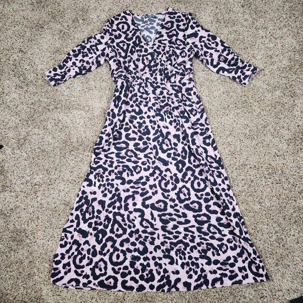 Romantic Hut Maxi Pink Leopard Print Dress 3/4 Sleeve V Neck New Size XL